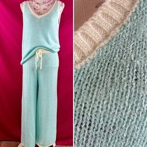 Splendid Knit Lounge Set Tank Top‎ Wide Leg Pants Blue Cream Size M Pajamas Cozy